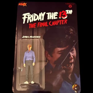 May include: A Friday the 13th The Final Chapter action figure of Jimbo Mortimer in a blue shirt and dark pants, encased in clear plastic on a cardboard backing. The packaging features the movie title, a character illustration, and a 14+ age rating.