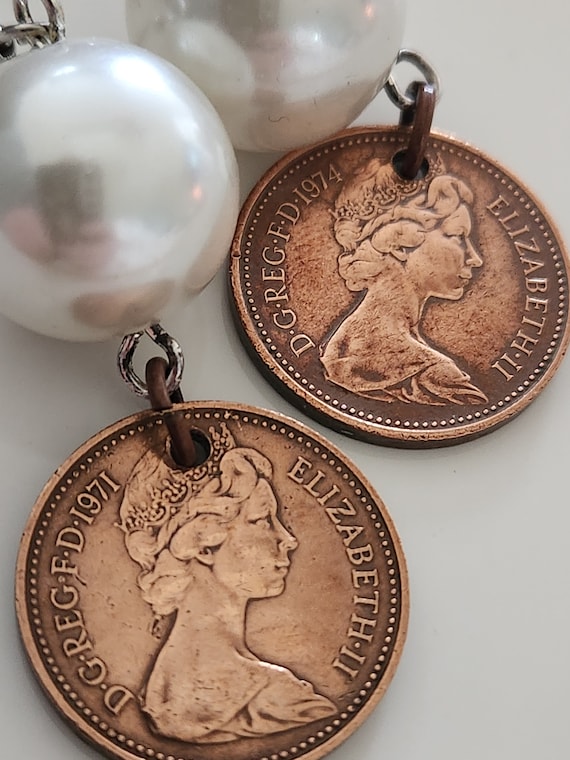 Pearl dangle earrings coin queen Elizabeth jewelry