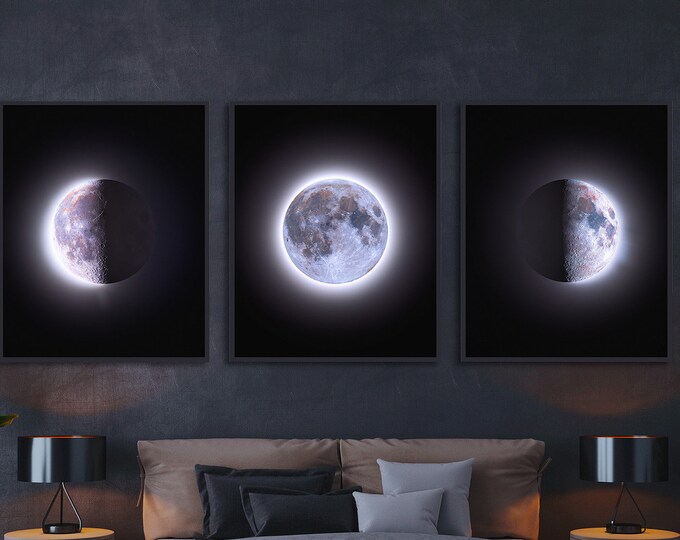 Moon Print wall art set of 3 moon phases wall art moon canvas moon decor large wall art moon phase decor space canvas print astronomy print