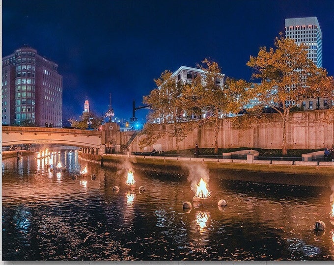 WaterFire Providence photography print providence print city skyline art rhode island art metal or photo paper print city night wall art ri