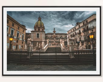 Fontana Pretoria at Sunset historic Italian wall art living room decor Italian fountain photography Sicily Art Print Sicilian Wall Art