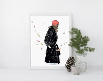 Parisian - Prints - 8"x10" - Various Sizes - Wall Art - Black Trench Coat - Autumn Art - Seasons - Fall Art - Red Barrett - Fall Fashion