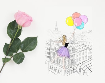 May include: A hand-drawn illustration of a woman in a purple dress holding onto colourful balloons, floating above a city skyline. The Eiffel Tower is visible in the background.