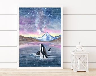 An Orcas Delight - 8"x10" - Various Sizes - Wall Art - Gifts - Orca Whales - Travel - Arctic Art - Sea Creatures - Home Decor - Mountains