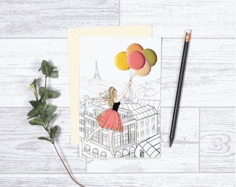 Flottant au-dessus de Paris Macarons - Note Card - 4"x6" - Individuel - Cadeaux pour elle - Tour Eiffel - Carte de vœux - Ballons - Célébration-Partie