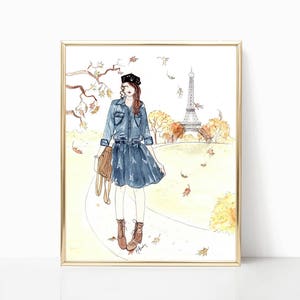パリの秋 - 8"x10" - 各種サイズ - ウォールアート - パリ風 - エッフェル塔アート - 秋の葉 - フランス人少女 - 秋のアート - パリ