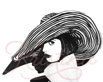 May include: Black and white illustration of a woman wearing a large, striped sun hat. The woman's face is partially obscured by the hat, but her eye and lips are visible.