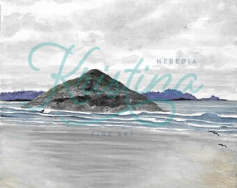 Surfs Up - Birch Wood - Panel Canvas - Tofino - Ocean Art - Watercolor Painting - Pacific West - Cedars - Beach - Sand - Coastal - ORIGINAL