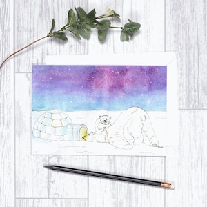 Ours polaires - Note cartes - 4 "x 6 » - individuels - carte de voeux - cadeaux - Nature - aurore boréale - ciel étoilé - hiver - Igloo - ours