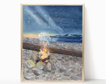 Beach Fire - THE ORIGINAL - 9"x12" - Wall Art - Gifts - Camping Art - Nature Art - Home Decor - Hygge - Celestial - Big Dipper - Mountains