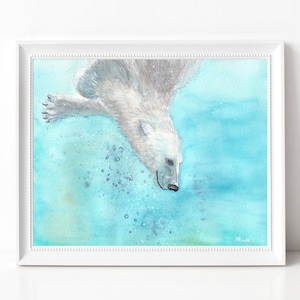 Into the Blue - 8&quot;x10&quot; - Various Sizes - Wall Art - Gifts - Polar Bear - Swimming - Arctic Art - Home Decor - North Pole - Polar Bear Art