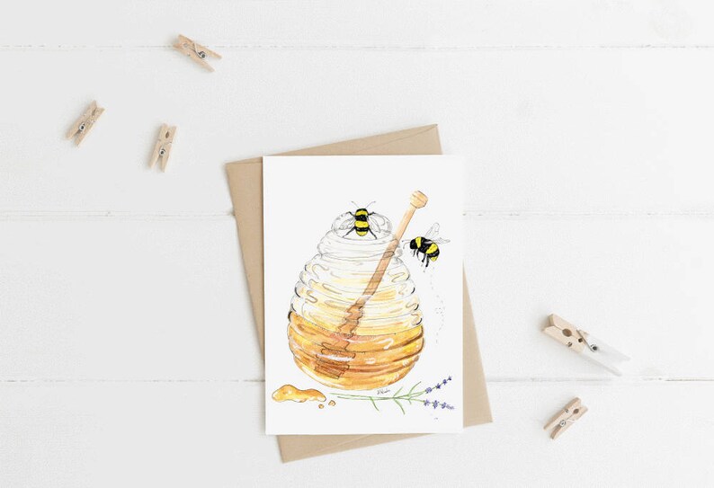 Honey Pot and Bees Note Cards 4x6 Individual Greeting Card Gifts For Her Gifts For Him Honey Bees Love Anniversary Bee image 3