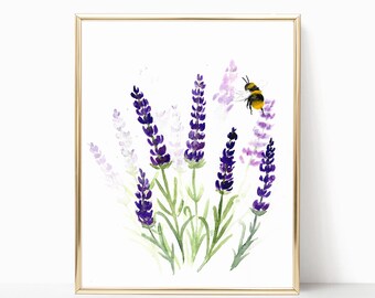 Lavender and the Bee - Prints - 8"x10" - Various Sizes - Wall Art - Gifts for her - Lavender Art - Lavender Love - Purple - Garden - Soothe