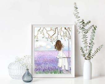 Lavender Dreams - THE ORIGINAL - 9"x12" - Wall Art - Gifts for her - Lavender Fields - Girl on a Swing - Tweens - Purple Flowers