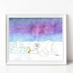 May include: A watercolor painting of two polar bears in a snowy landscape. The larger bear is looking into an igloo, while the smaller bear is sitting on its back. The sky is a vibrant purple and blue with white stars.