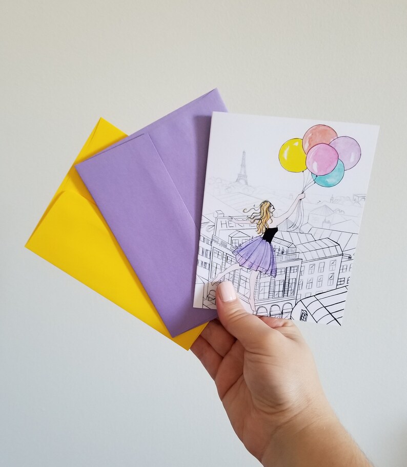 Gifts for Her Balloons 4x6 Paris Note Card Eiffel Tower Individual Floating Above Paris Celebration -Party Greeting Card