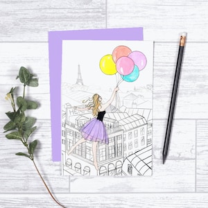 Floating Above Paris - Note Card - 4&quot;x6&quot; - Individual - Gifts for Her - Eiffel Tower - Greeting Card - Paris - Balloons - Celebration -Party