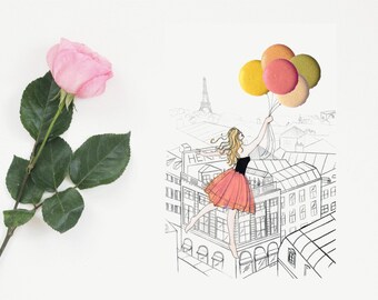 May include: A hand-drawn illustration of a woman in a red skirt holding onto a bunch of pastel-coloured macarons, which are tied together with string and acting as balloons. The woman is flying over a cityscape with the Eiffel Tower in the background. A pink rose is on the left side of the image.