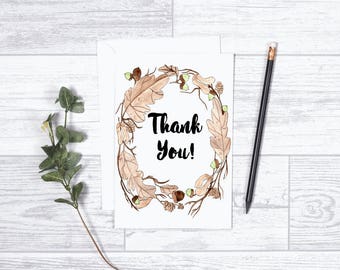 Thank you Wreath - Note Card - Gifts - 4"x6" - Individual Card - Fall Wreath - Nature Greeting Card - Acorns - Fall Leaves - Thank You Card