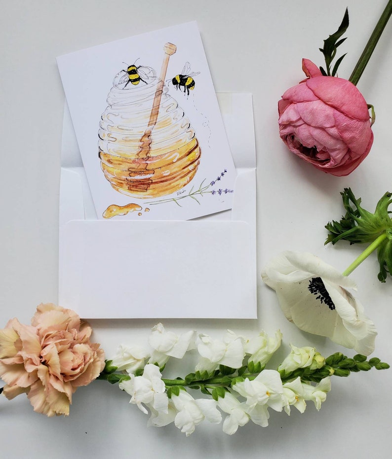 Honey Pot and Bees Note Cards 4x6 Individual Greeting Card Gifts For Her Gifts For Him Honey Bees Love Anniversary Bee image 2