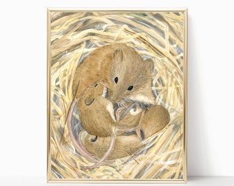 Momma and Baby Mice - Prints - 8"x10" - Various Sizes - Wall Art - Mice - Watercolor - Babies - Gifts - Nursery - Woodland Creatures - Barn