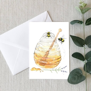 Honey Pot and Bees Note Cards 4x6 Individual Greeting Card Gifts For Her Gifts For Him Honey Bees Love Anniversary Bee image 1