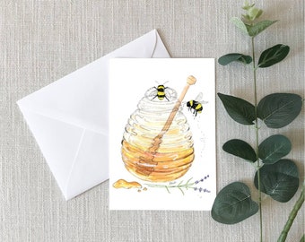 Honey Pot and Bees - Note Cards - 4"x6" - Individual - Greeting Card - Gifts For Her - Gifts For Him - Honey Bees - Love - Anniversary - Bee