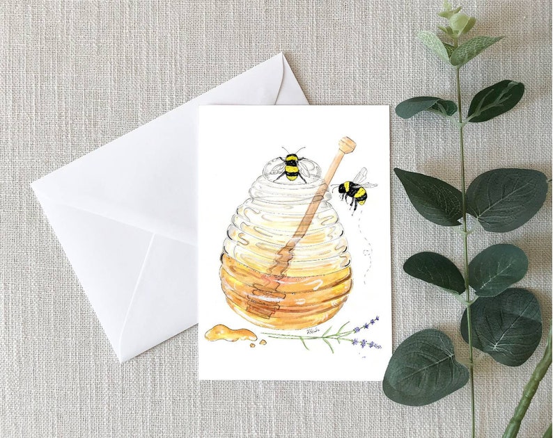 Honey Pot and Bees Note Cards 4x6 Individual Greeting Card Gifts For Her Gifts For Him Honey Bees Love Anniversary Bee image 1