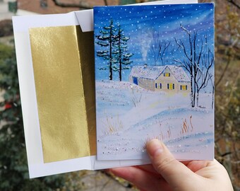 Winter Cottage  - Note Cards - 4"x6" - Individual - Greeting Card - Gifts - Nature Art - Winter Art - Chimney - Fireplace - Snowed in -Hygge