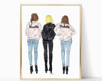 You're the Blonde to my Brunette - THE ORIGINAL - 9"x12" - Wall Art - Gifts for her  - Denim - Art Prints - Fashion Art - Besties - Girls