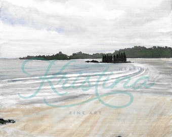 Long Beach Coast - Birch Wood - Panel Canvas - Tofino - Ocean Art - Watercolor Painting - Pacific West - Cedars - Beach - Coastal - ORIGINAL
