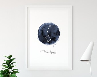 Ursa Minor Print, Little Dipper, sterrenbeeld Art aquarel Navy Blue Night Sky Digital Wall Art, sterren kwekerij Prints, Instant Download