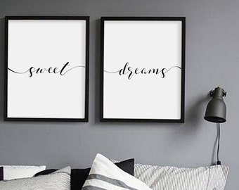 Sweet Dreams Print, Printable Nursery Wall Art Set, Bedroom Decoration, Scandinavian Minimalist Calligraphy Typography, Instant Download JPG