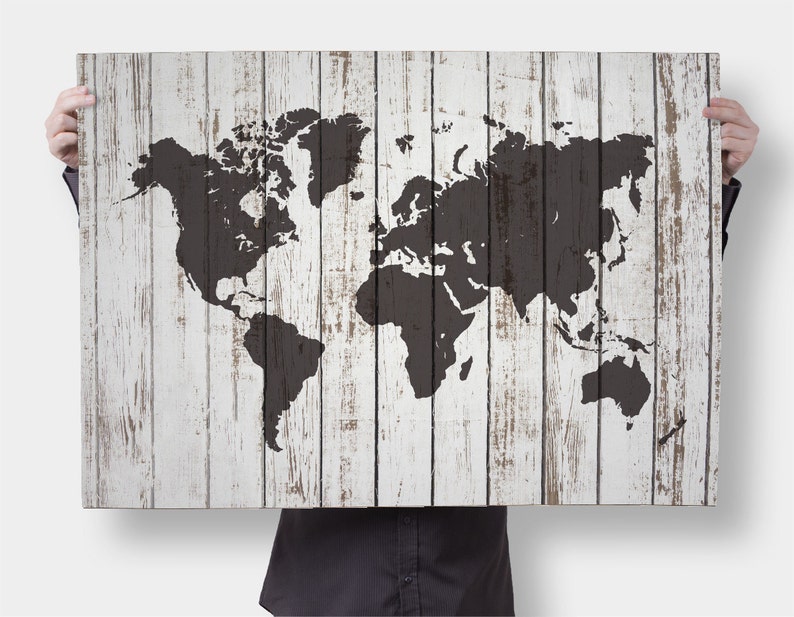 Large White Wood World Map Print Rustic Wood World Map Etsy