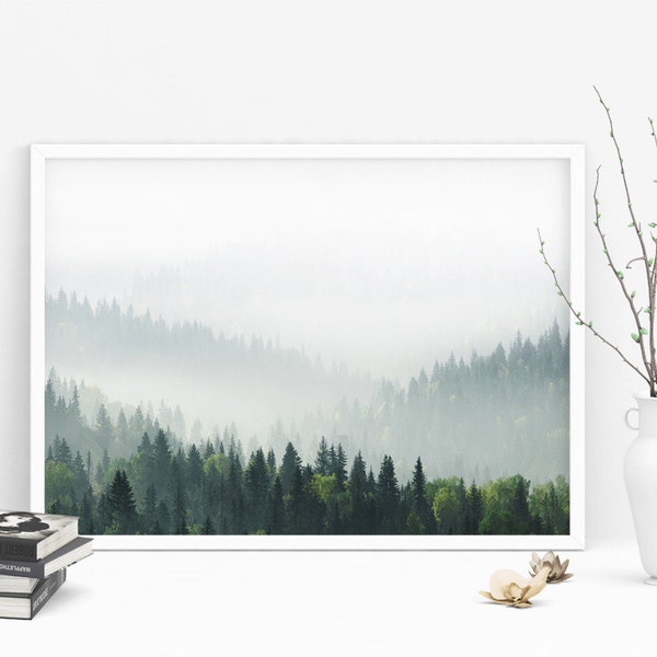 Fog Mountains Landscape #2- Misty Forest Photography, Fog Mist Photo Print, Nordic Prints, Minimalist wall Art, Instant Download Digital JPG