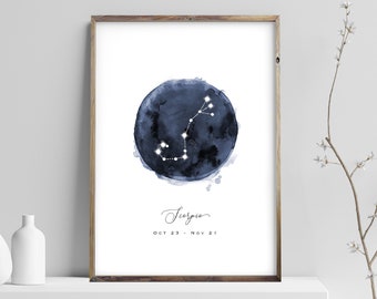 Scorpio Constellation Print, Zodiac Poster, Watercolor Navy Blue Night Sky Digital Wall Art, Astrology Nursery Prints, Instant Download JPG