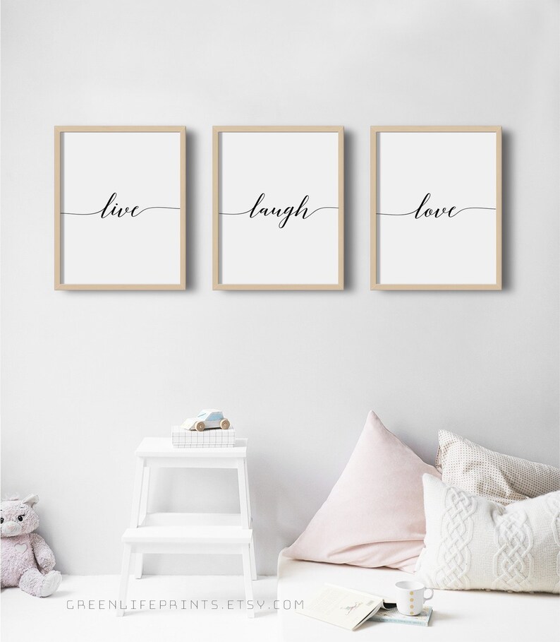 Leben Lachen Liebe Drucke, Set von 3 druckbare minimalistischen Typografie Kunst, Liebe Zitat Kinderzimmer Dekoration, Schlafzimmer Haus Wandkunst, sofortiger Download Bild 1