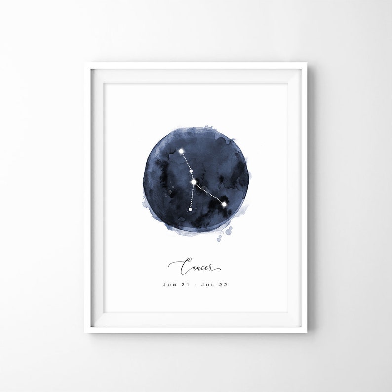 Cancer Constellation Print, Zodiac Poster, Watercolor Navy Blue Night Digital Wall Art, Astrology Nursery Prints, Instant Download JPG image 2