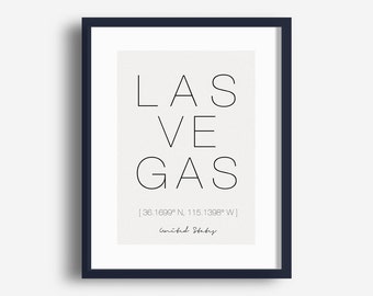 Druckbare Las Vegas City Druck, Las Vegas Koordinaten Poster, minimalistischen Typografie Kunst, Stadt-Wand-Kunst, Digital Download Bild JPG