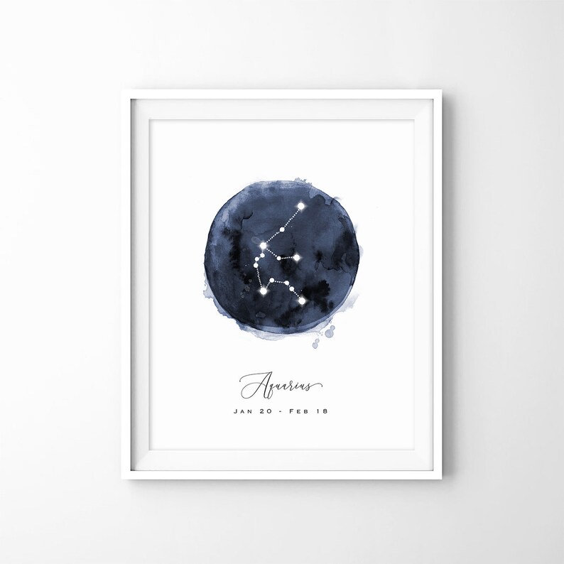 Aquarius Constellation Print, Zodiac Poster, Watercolor Navy Blue Night Sky Digital Wall Art, Astrology Nursery Prints, Instant Download JPG image 2