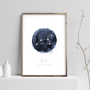 Leo Constellation Print, Zodiac Poster, Watercolor Navy Blue Night Digital Wall Art, Astrology Nursery Prints, Instant Download JPG