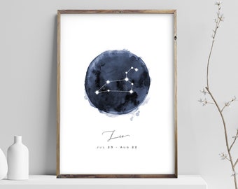 Leo Constellation Print, Zodiac Poster, Watercolor Navy Blue Night Digital Wall Art, Astrology Nursery Prints, Instant Download JPG