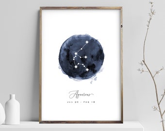 Aquarius Constellation Print, Zodiac Poster, Watercolor Navy Blue Night Sky Digital Wall Art, Astrology Nursery Prints, Instant Download JPG