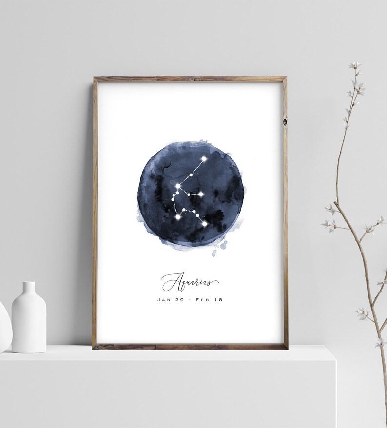 Aquarius Constellation Print, Zodiac Poster, Watercolor Navy Blue Night Sky Digital Wall Art, Astrology Nursery Prints, Instant Download JPG image 1