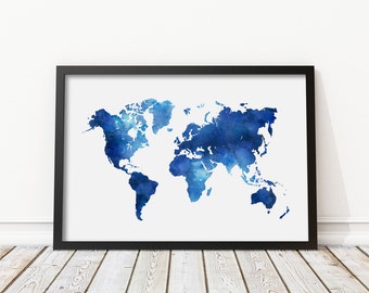 Navy Blue Watercolor World Map Print - Blue World Map Poster, Morden Art, Nursery decor, Home Wall Art, Instant Download Digital Print JPG