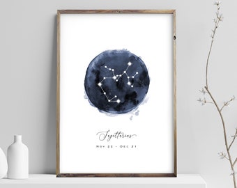 Sagittarius Constellation Print, Zodiac Poster, Watercolor Navy Blue Night Digital Wall Art, Astrology Nursery Prints, Instant Download JPG