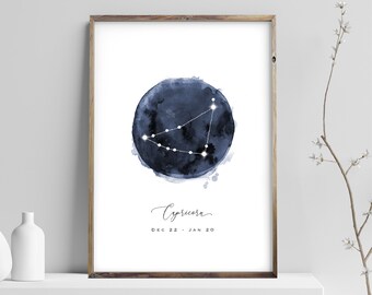 Capricorn Constellation Print, Zodiac Poster, Watercolor Navy Blue Night Digital Wall Art, Astrology Nursery Prints, Instant Download JPG