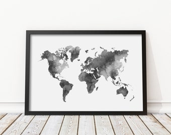 World Map Print - Black and White Watercolor Prints, Morden Art Prints, Nursery decor, Home Wall Art, Instant Download Digital Print JPG