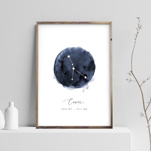 Cancer Constellation Print, Zodiac Poster, Watercolor Navy Blue Night Digital Wall Art, Astrology Nursery Prints, Instant Download JPG