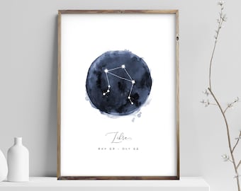 Libra Constellation Print, Zodiac Poster, Watercolor Navy Blue Night Sky Digital Wall Art, Astrology Nursery Prints, Instant Download JPG